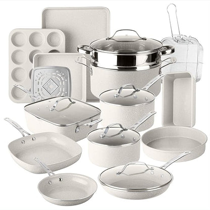 Granitestone Ceraluxe 20 Pc Ceramic Cookware Set Nonstick, Complete Pots and Pans Set Non Stick with 5 Pc Bakeware Set, Deep Frying Pan Set, & Steamer, Non Toxic PFOA Free, Oven & Dishwasher Safe by Granitestone+