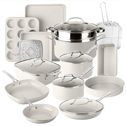 Granitestone Ceraluxe 20 Pc Ceramic Cookware Set Nonstick, Complete Pots and Pans Set Non Stick with 5 Pc Bakeware Set, Deep Frying Pan Set, & Steamer, Non Toxic PFOA Free, Oven & Dishwasher Safe by Granitestone+