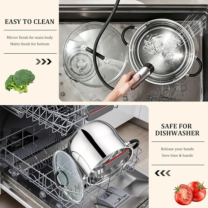 E-far 10 Quart Stock Pot, Stainless Steel Pot for Cooking Soup Simmering Stew, Tall Induction Pot with Visible Lid, Large Pot w/Tri-Ply Base & Dual Heat Proof Handles, Non-Toxic & Dishwasher Safe - Image 6