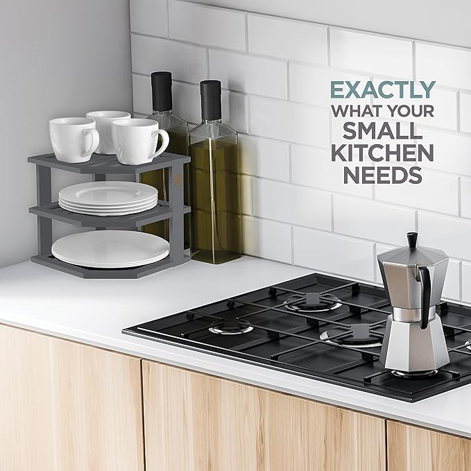 Bambüsi Plate Organizer for Cabinet - Corner Cabinet Organizer and Kitchen Cabinet Organizer Shelf, Kitchen Countertop Organizer for Plates, Dishes and Bowls, Space Saving Corner Rack, Grey - Image 2
