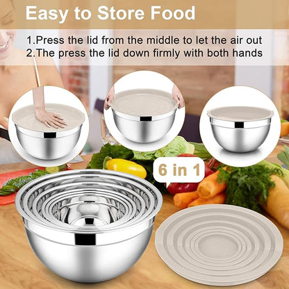 E-far Mixing Bowls with Lids, 12-Piece Stainless Steel Salad Bowls Metal Nesting Bowls for Baking Cooking and Prepping, Airtight Lids & Stackable Design, Size 7, 4.5, 3, 1.5, 1.2, 0.7 QT (Khaki) - Image 7