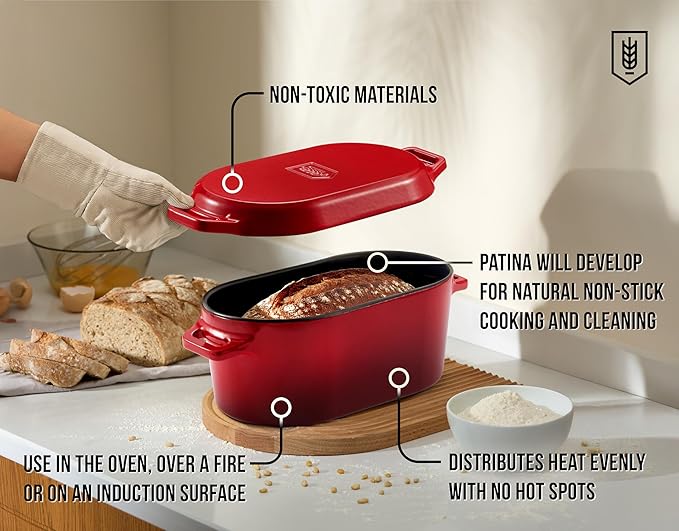 Kook Dutch Oven, for Bread Baking, Sourdough Loaf Pan, Dual Handles, Enameled Cast Iron, with Sling, Dishwasher Safe, Oven safe 500F, 3.4 Qt, Cherry Ombre - Image 3