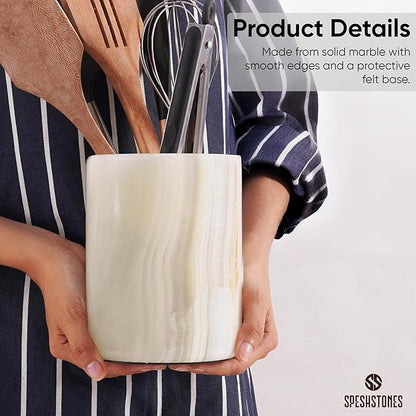 Marble Utensil Holder 6.5 Inch Cream Onyx Wooden Cooking Utensils Set & Spatula Organizer for Kitchen Counter, Stone Utensil Crock & Caddy for Spoon Holder & Farmhouse Decor