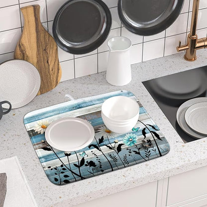 Blue White Daisy Floral Dish Drying Mat for Kitchen Counter,Sprinng Rustic Wood Drying Mat 16 x18 Inch with Absorbent Reversible Microfiber Drying Pad for Coffee Bar - Image 6