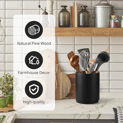 Bivvclaz Wooden Utensil Holder, 360°Rotating 7.2" Utensil Holder for Kitchen Counter, Large Kitchen Utensil Holder, Cooking Utensil Crock for Countertop, Black Kitchen Decor and Accessories - Image 4