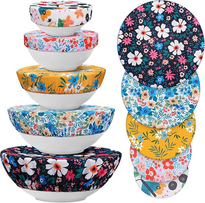 10 Pack Cloth Bowl Covers for Bread Rising - 5 Size Stretch Elastic Food Storage Container Lids - Reusable Cotton Fabric Covers for Food, Fruits, Leftovers (Flower)