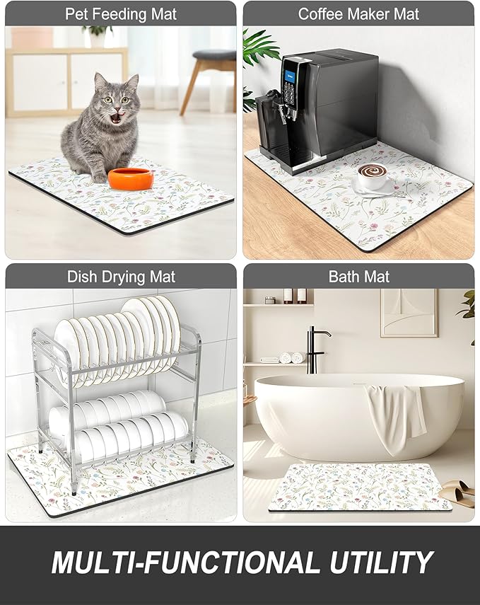 Rnivvi Dish Drying Mat for Kitchen Counter, 12 x 19" Cute Flower Theme Super Absorbent Draining Pad, Non-Slip Heat Resistant Coffee Bar Mat for Coffee Machine Station Accessories, White Dish Rack Pad - Image 7