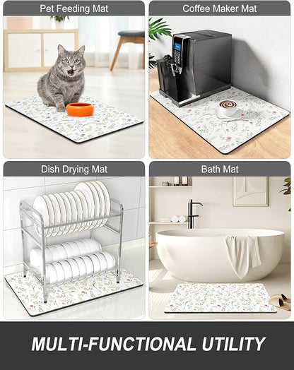 Rnivvi Dish Drying Mat for Kitchen Counter, 12 x 19" Cute Flower Theme Super Absorbent Draining Pad, Non-Slip Heat Resistant Coffee Bar Mat for Coffee Machine Station Accessories, White Dish Rack Pad - Image 7