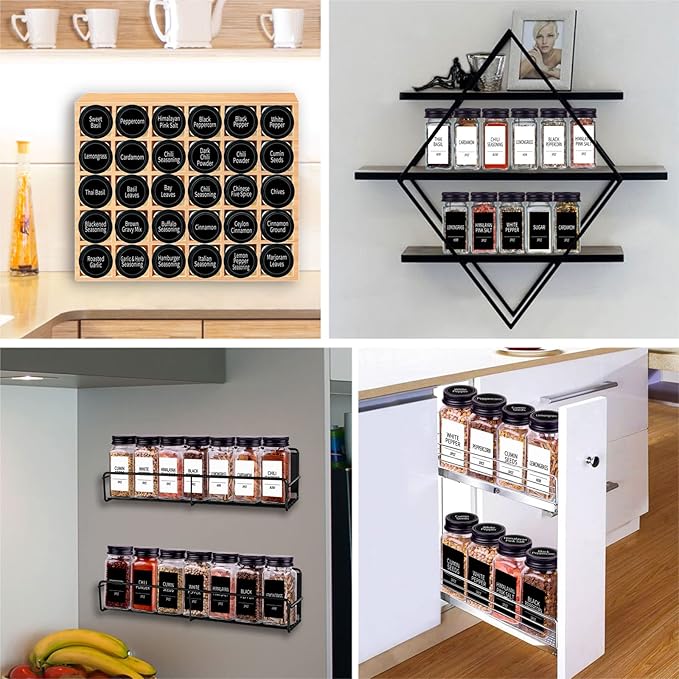 Churboro 36 Spice Jars with 547 Labels- Glass Spice Jars with Black Metal Caps, 4oz Empty Spice Containers with Shaker Lids, Funnel, Chalk Pen, Square Seasoning Bottles for Spice Rack, Drawer, Cabinet - Image 7
