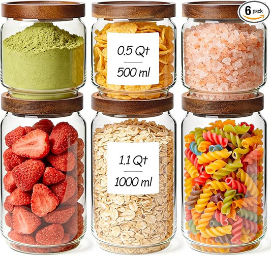 ComSaf 6PCS (1.1Qt/0.5Qt) Glass Pantry Storage Container with Acacia Wood Lid, Airtight Glass Canister with Stacked Design for Orderly Organizing, Glass Jar Organizing Dry Goods in Pantry & Cabinet by ComSaf
