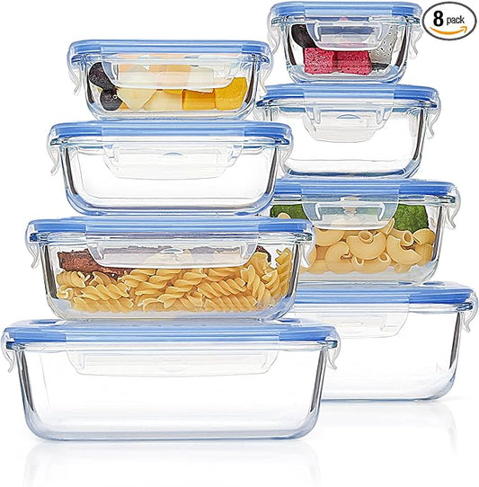 Vtopmart 8 Pack Glass Food Storage Containers with Airtight Lids, Glass Meal Prep Containers, Lunch Office Meal for Microwave, Oven, Freezer and Dishwasher, BPA Free by Vtopmart