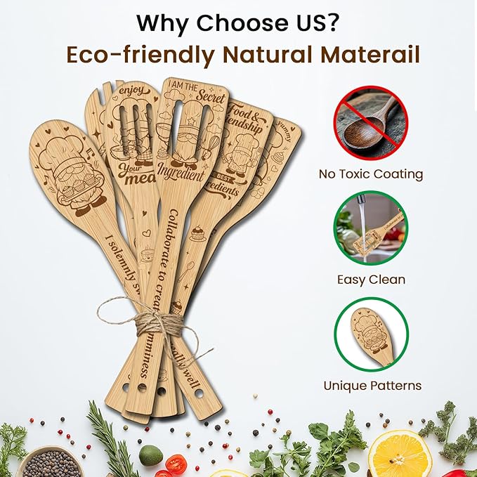CUTHOLLOW 6PCS Chef Gnome Wooden Kitchen Cooking Utensil Set, 11.9in Non Toxic Bamboo Wood Spoon Set for Cooking, Best Housewarming Birthday Thanksgiving Christmas Gift for Women Mother