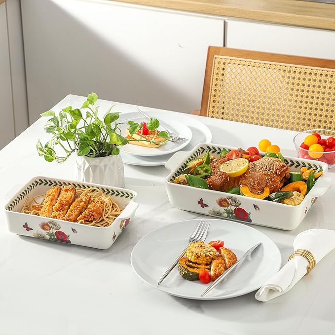 Ceramic Papaver rhoeas Baking Casserole Dish with Handles, Large 2 pieces 8x13 inch & 6x10 inch Lasagna Baking Dish and Middle Flower Andplant Baking Pan,Porcelain Serving Bakeware Set - Image 6