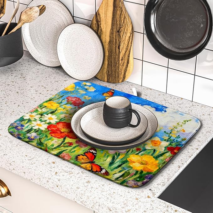 Cute Floral Dish Drying Mat Small for Kitchen Counter 16x18, Spring Summer Decorative Absorbent Reversible Microfiber Kitchen Countertop Protector Dishes Drainer Pad, Watercolor Flower Butterfly - Image 5