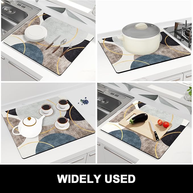 Rnivvi Dish Drying Mat for Kitchen Counter, 16 x 18" Cute Boho Theme Absorbent Heat Resistant Drying Pad with Non-slip Rubber, Coffee Bar Mats for Coffee Machine Dish Rack, Abstract Art Circle - Image 7