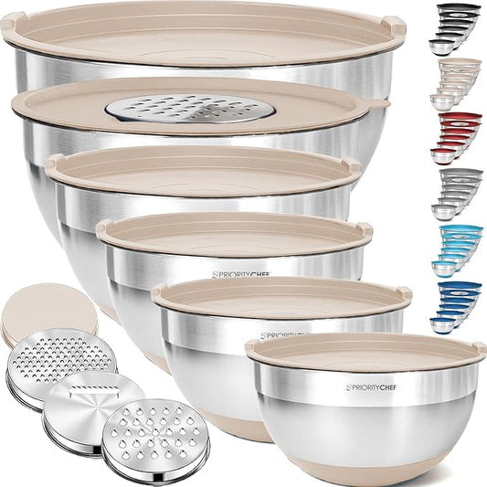Priority Chef 6Pc Large Mixing Bowls With Lids Set with Non-Slip Bases, Stainless Steel Mixing Bowl Set, 6 Airtight Lids and 3 Graters, Khaki by PriorityChef
