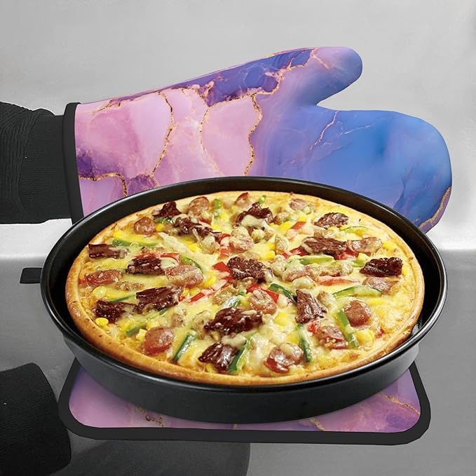 Oven Mitt and Pot Holders Sets - Marble Kitchen Mitts Decorative Purple Pink Oven Gloves Hot Pads Set of 2 for Cooking Baking Grilling - Image 7