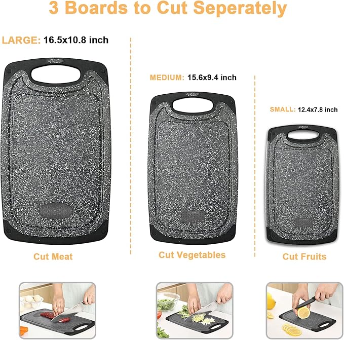 Plastic Cutting Board, 3 Pieces Dishwasher Safe Cutting Boards with Juice Grooves, Easy Grip Handle, Non-Slip, with Grinding Area for Grinding Garlic and Ginger（Dark Grey, XL） - Image 3