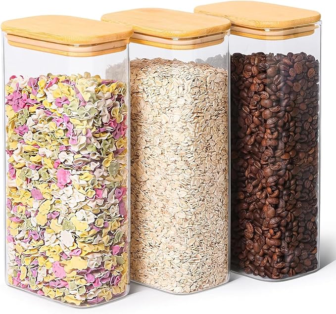 ComSaf 2 Qt Rectangle Glass Storage Containers with Lids, Glass Jars with Bamboo Lids, Clear Food Jar, Square Canister Set of 3, Pantry Organizers and Storage for Flour Pasta Coffee Bean by ComSaf