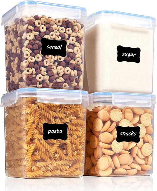 Vtopmart Food Storage Containers 2.5L / 84.5oz, 4 Pieces BPA Free Plastic Airtight Canister for Flour, Sugar, Baking Supplies, with 4 Measuring Cups and 24 Labels, Blue by Vtopmart