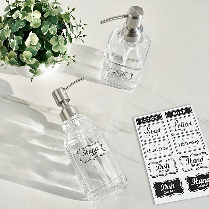 JASAI 2Pack Antique Design Glass Soap Dispenser with Rust Proof 304 Stainless Steel Pump, Refillable Hand Soap Dispenser with 10Pcs Stickers, Premium Soap Dispensers for Kitchen & Bathroom (Clear) - Image 7