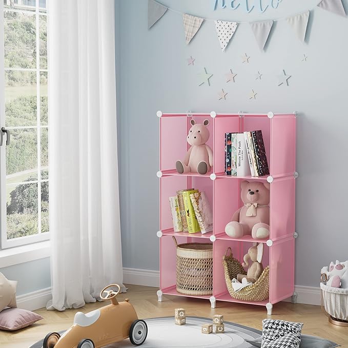 HOMIDEC 6-Cube Storage Shelf, Storage Bookcase Bookshelf with Metal Hammer, Storage Cubes Organizer Cabinet for Kids, Closet, Bedroom, Bathroom, (11.8x11.8x11.8 inch), Light Pink - Image 2