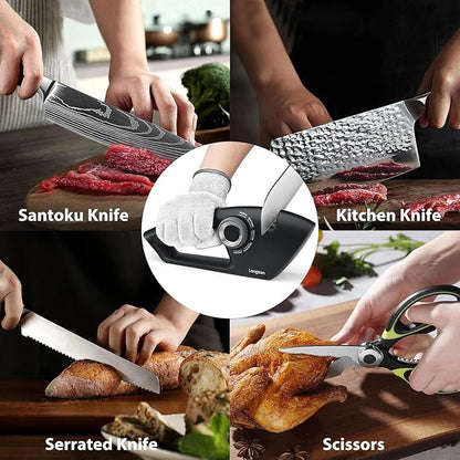 Longzon 6-in-1 Knife Sharpener 5 Stage with Cut-Resistant Glove, Manual Kitchen Tool for Straight & Serrated Knives, Quickly Sharpens Restores & Polishes Dull Blades Safe for Home Kitchen - Image 7