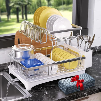 Godboat Dish Drying Rack, 2-Tier Dish Rack with Auto-Drain & Mat, 304 Stainless Steel Dish Racks for Kitchen Counter, Dish Drainer with Knife, Fork & Cup Rack, Gifts for Women, Mothers Day, Silver - Image 8
