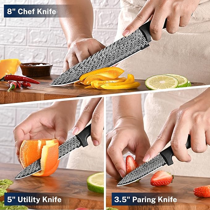 Gourmetop Kitchen Knife Set with Cover 3 Pcs, Black Chef Knife Set for Cooking, Sharp Kitchen Knives with Sheath, 8'' Chef Knife, 5'' Utility, 3.5'' Paring, Damascus Pattern Kitchen Knife for Cutting - Image 6