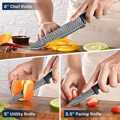 Gourmetop Kitchen Knife Set with Cover 3 Pcs, Black Chef Knife Set for Cooking, Sharp Kitchen Knives with Sheath, 8'' Chef Knife, 5'' Utility, 3.5'' Paring, Damascus Pattern Kitchen Knife for Cutting - Image 6