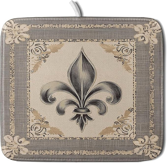 Giwawa Mardi Gras Dish Drying Mat for Kitchen Vintage Fleur De Lis Print Dish Drainer Mats 16x18inch Country Style Dish Drying Rack Pad Protector for Countertop Dining Holiday Decor
