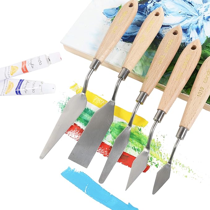 CONDA Artist Palette Knife Set - 5 Pieces Painting Knives for Acrylic, Flexible Stainless Steel Spatula Pallet knife for Mixing Color, Spreading, Applying Oil Paint on Canvases, Wood Handles - Image 6