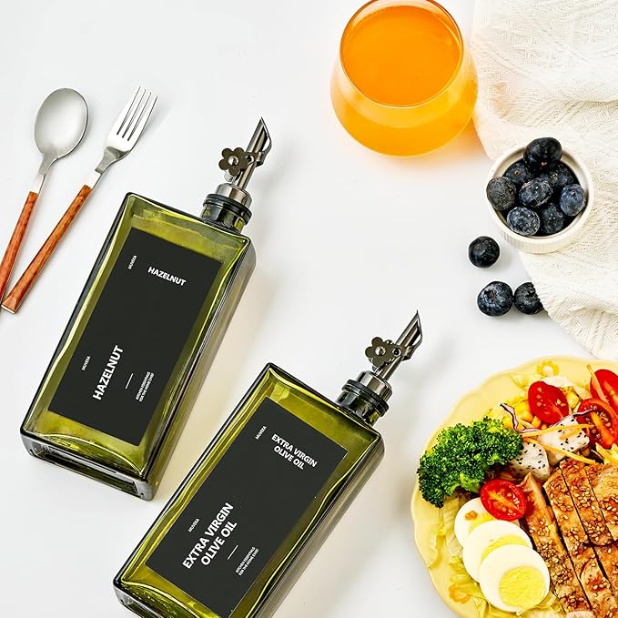 Olive Oil Dispenser Bottle for Kitchen, 16.9oz /500ml Cooking Vinegar Dispenser Bottle Set, Glass Sauce Container, Labels, Brush, Funnel, Stoppers, Green for Oil, Wine - Image 6