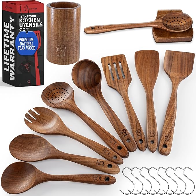 PriorityChef Wooden Spoons for Cooking, Premium 8pc Teak Wood Utensil Set with Hanging Hooks, Utensil Holder and Spoon Rest by PriorityChef