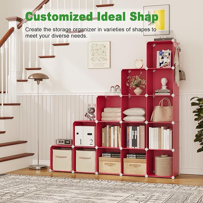 C&AHOME Cube Storage Organizer, 16-Cube Shelves Units, Plastic Storage Cubes, DIY Closet Organizer, Modular Closet Storage Shelves Ideal for Home, Bedroom, 48.4" L × 12.4" W × 48.4" H Red UPCS16R - Image 6