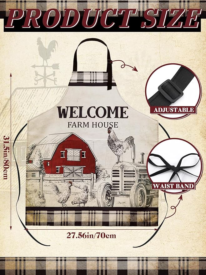 Bencailor 6 Pcs Spring Kitchen Aprons with Pockets Flower Rooster Bee Butterfly Sunflower Summer Aprons Bulk for Women(Beige,Black and Red Farm Rooster) - Image 3
