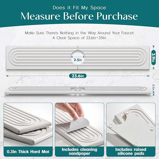 Eormoe Faucet Mat for Kitchen Sink – Diatomite Stone Drying Mat & Sink Protectors, Prevent Moisture – Sink Splash Guard Water-Absorbing Stone Tray for Bathroom Counter (Light Grey, 23.6" x 3.9") - Image 4