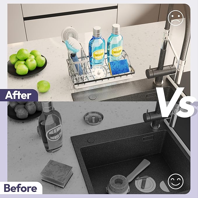 SWTYMIKI Multifunctional Kitchen Sink Caddy - Large Sponge Holder for Kitchen Sink with Removable Brush Holder + Drip Tray, Silver - Image 6
