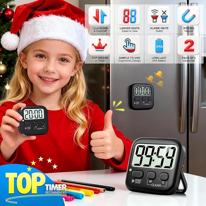 Antonki 2 Pack Digital Timer for Kids, Magnetic Countdown Kitchen Timers for Cooking, Egg, Classroom, Teacher, Exercise, Study, Oven - Battery Included - Image 3