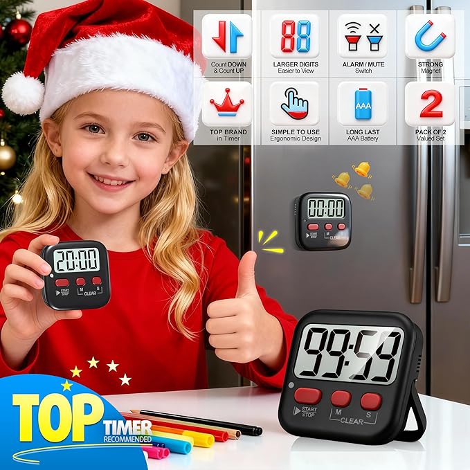 Antonki 2 Pack Digital Timer for Kids, Magnetic Countdown Kitchen Timers for Cooking, Egg, Classroom, Teacher, Exercise, Study, Oven - Battery Included - Image 3