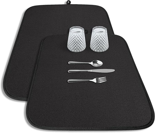 Kitsure Dish Drying Mat - 2-Pack Washable Microfiber Drying Mat for Kitchen Counter, 3-Layer Ultra Absorbent Pad with a Hanging Hook, 20" x 14", Black by Kitsure
