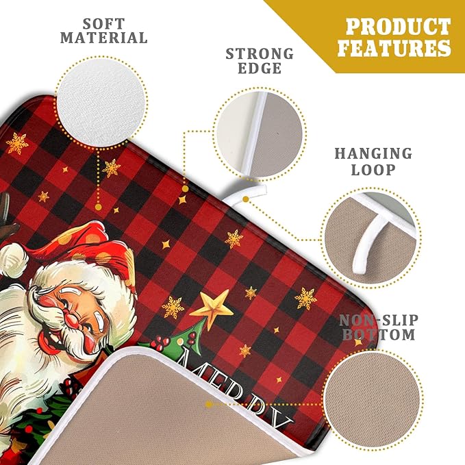 Merry Christmas Santa Claus Red Buffalo Plaid Dish Drying Mat for Kitchen Counter,Winter Snowflake Xmas Tree Drying Mat 16 x 18 Inch with Absorbent Reversible Microfiber Dish Drying Pad for Coffee Bar - Image 4