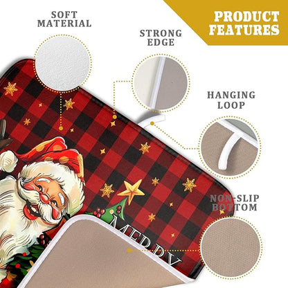 Merry Christmas Santa Claus Red Buffalo Plaid Dish Drying Mat for Kitchen Counter,Winter Snowflake Xmas Tree Drying Mat 16 x 18 Inch with Absorbent Reversible Microfiber Dish Drying Pad for Coffee Bar - Image 4