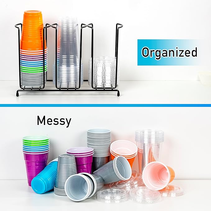 Inevibe Wire Frame Cup and Lid Organizer, 3 Compartment Metal Rack Design Storage Holder for Plastic, Coffee Beverage Cups - Image 4