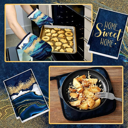 Bencailor 6 Pcs Marble Kitchen Decor Gold Pot Holders Oven Mitts 2 Dish Towels 2 Farmhouse Cooking Mittens Oven Glove and Potholder for Baking Cooking Grilling Supply Accessories(Blue)