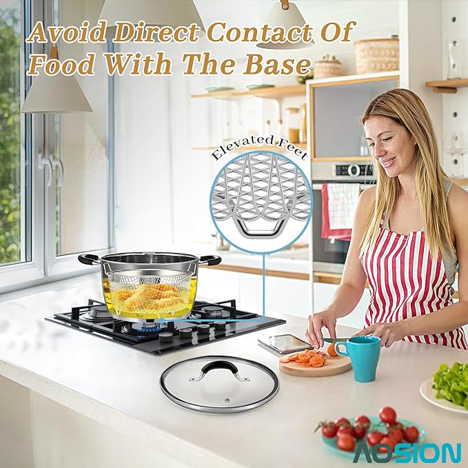 AOSION 6 Quart Stainless Steel Stockpot with Deep Fryer Basket, Stainless Steel Pot with Lid, 6QT Large Stock Pot, Induction Ready, Compatible with All Stoves, Dishwasher Safe
