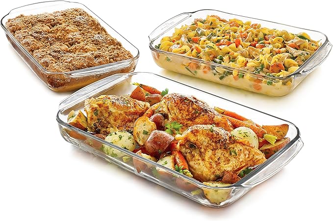 Libbey Baker's Basics 3-Piece Rectangular Glass Casserole Baking Dish Set, Clear, 2 Qt, 2.7 Qt, 3.4 Qt, Transparent, Stackable, Dishwasher Safe by Libbey
