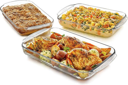 Libbey Baker's Basics 3-Piece Rectangular Glass Casserole Baking Dish Set, Clear, 2 Qt, 2.7 Qt, 3.4 Qt, Transparent, Stackable, Dishwasher Safe by Libbey