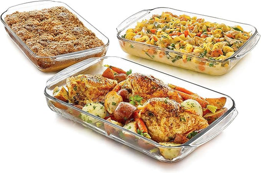 Libbey Baker's Basics 3-Piece Rectangular Glass Casserole Baking Dish Set, Clear, 2 Qt, 2.7 Qt, 3.4 Qt, Transparent, Stackable, Dishwasher Safe by Libbey