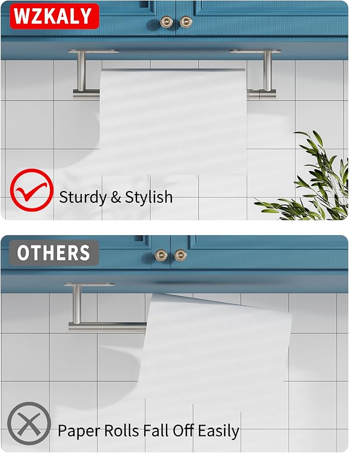 Paper Towel Holder Under Cabinet, Self Adhesive or Wall Mounted SUS304 Stainless Steel Paper Towel Holder for Kitchen, Bathroom(2 Towel Hooks, Silver) - Image 3